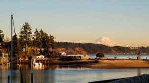 View of the water of Gig Harbor with Mount Rainier in the background