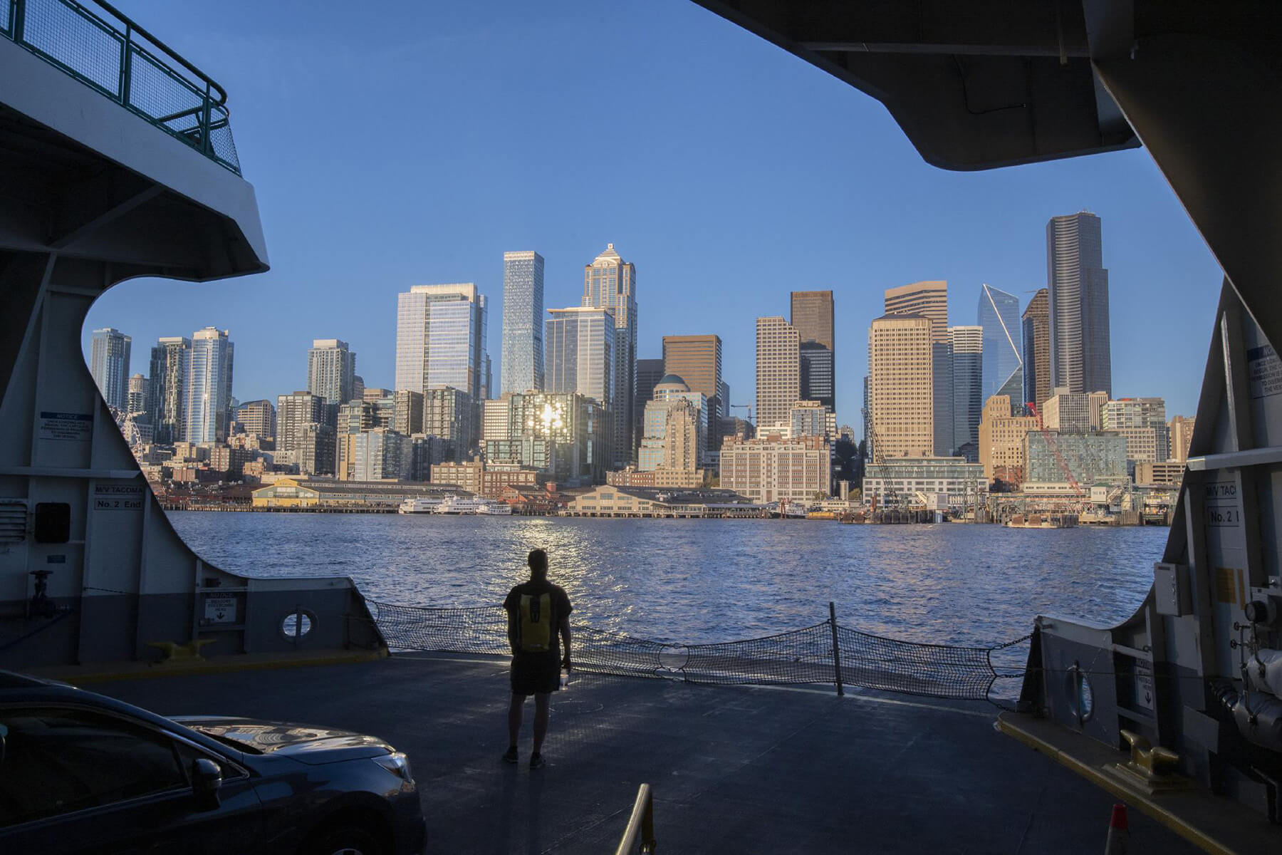 A passenger rides on the ferry between Seattle and Bainbridge Island. 