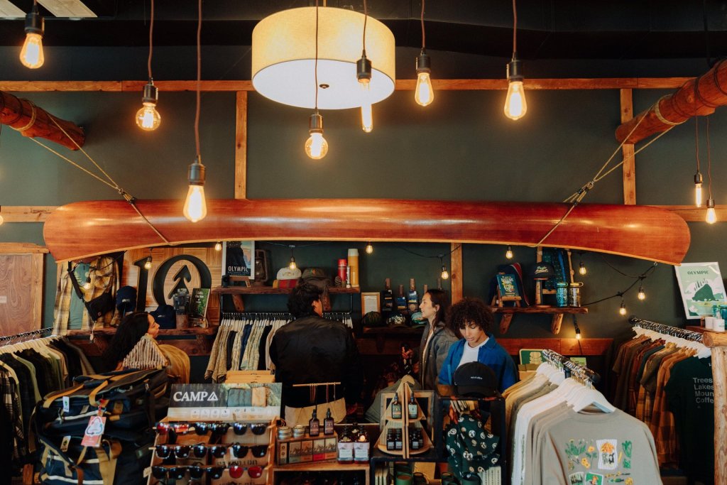 A group of people shop in Port Angeles. 