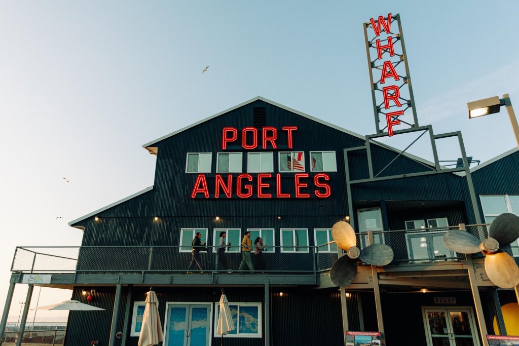 The exterior of the Port Angeles Wharf building. 