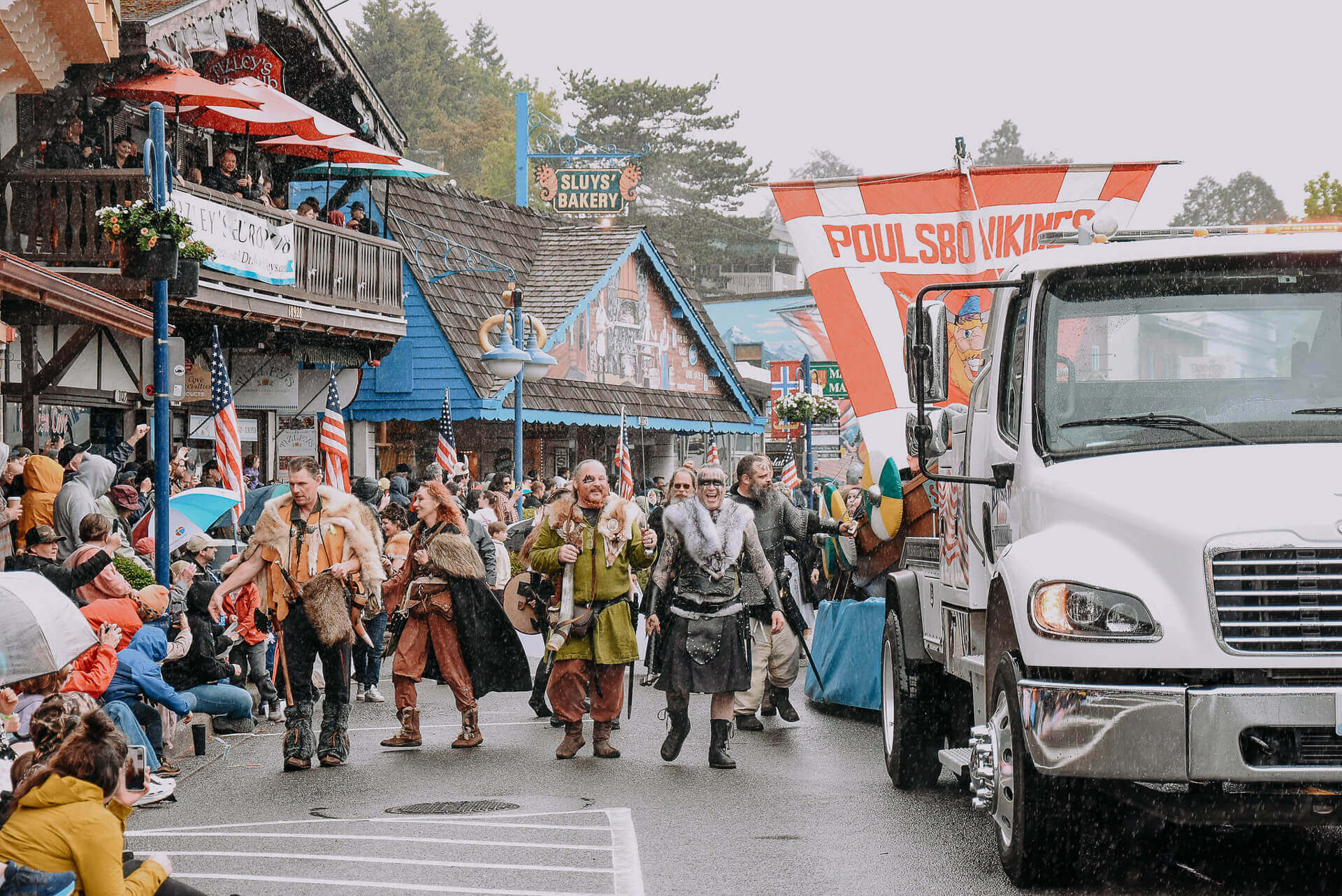 A photo of people dressed as Vikings walking in the Viking Fest parade in Poulsbo